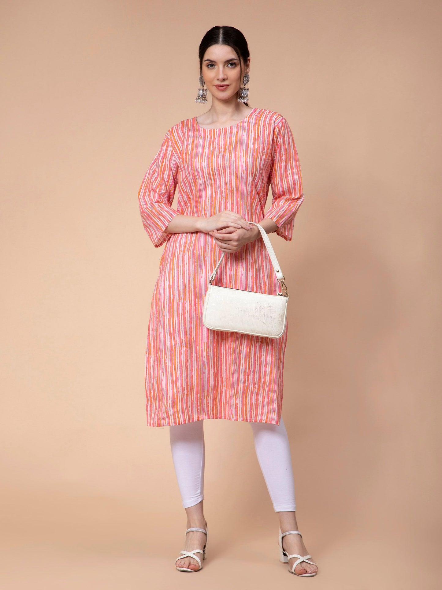 Fabclub Cotton Striped Straight Women Kurti (Peach) - PURE