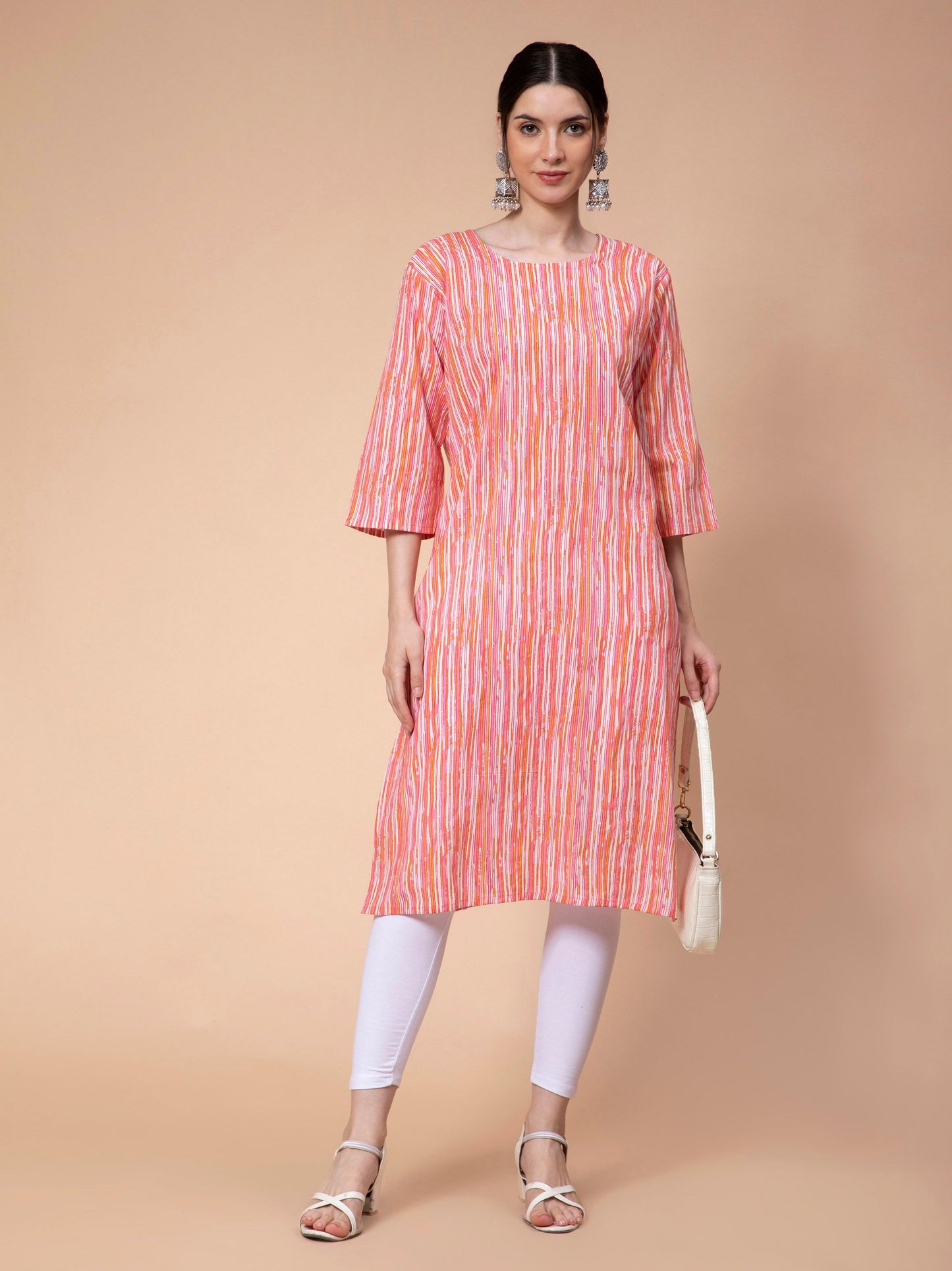 Fabclub Cotton Striped Straight Women Kurti (Peach) - PURE