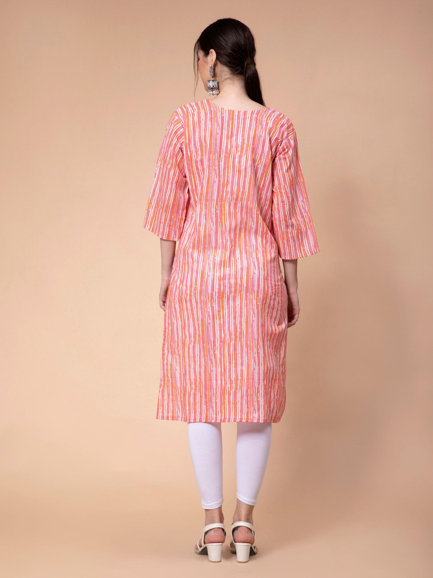 Fabclub Cotton Striped Straight Women Kurti (Peach) - PURE