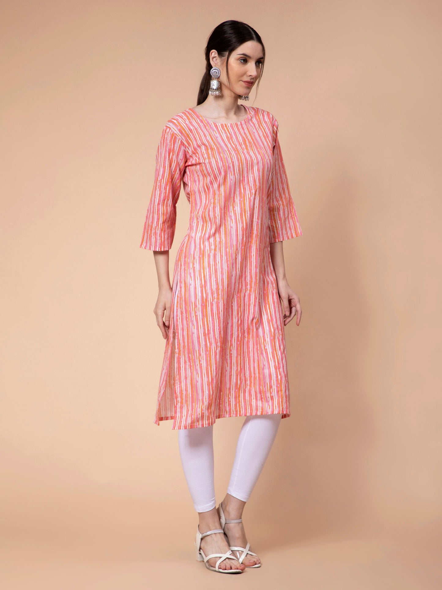 Fabclub Cotton Striped Straight Women Kurti (Peach) - PURE