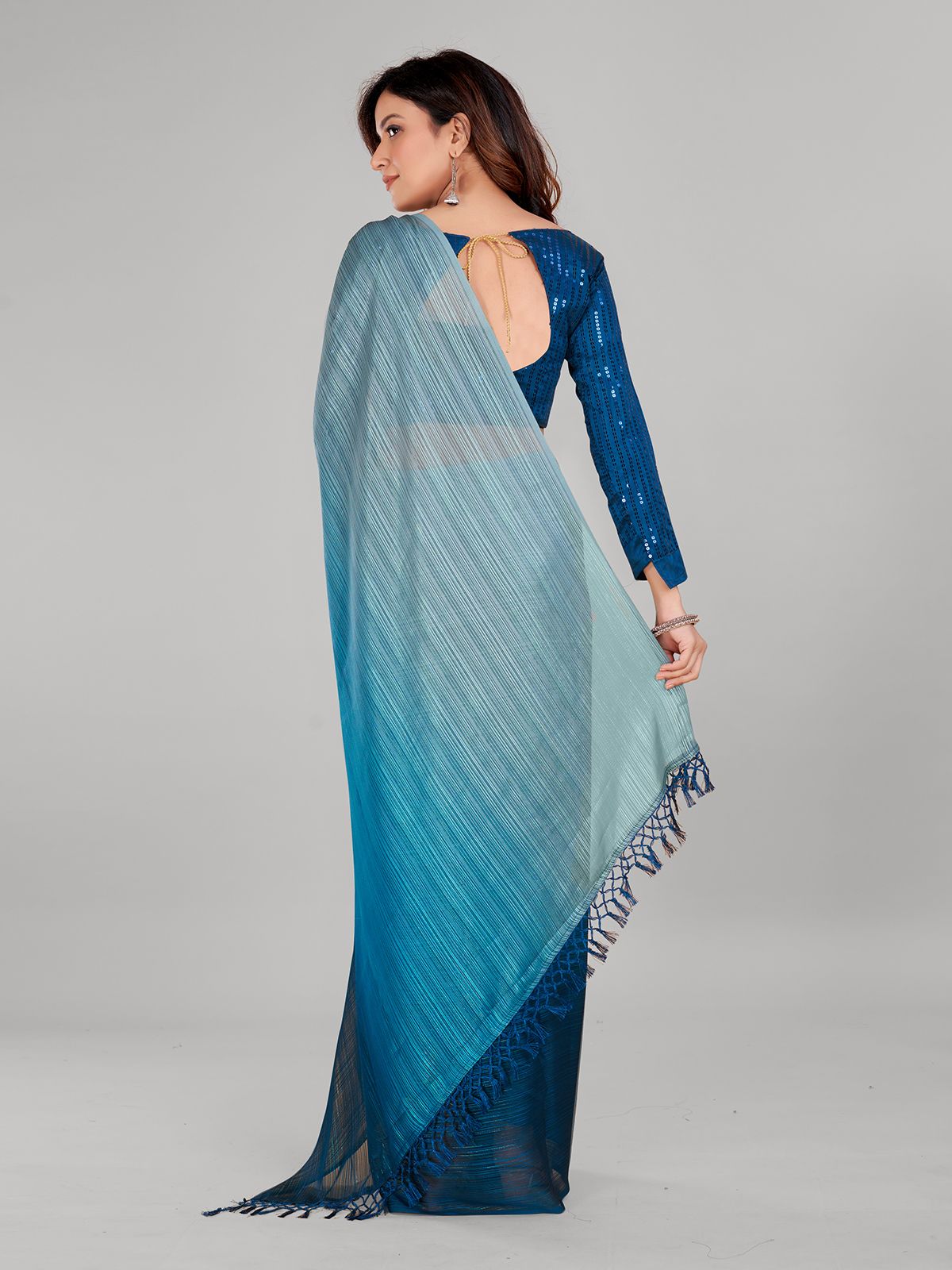 Fancy Embellished Blue Coloured Silk Blend Saree with Blouse Piece - PURE