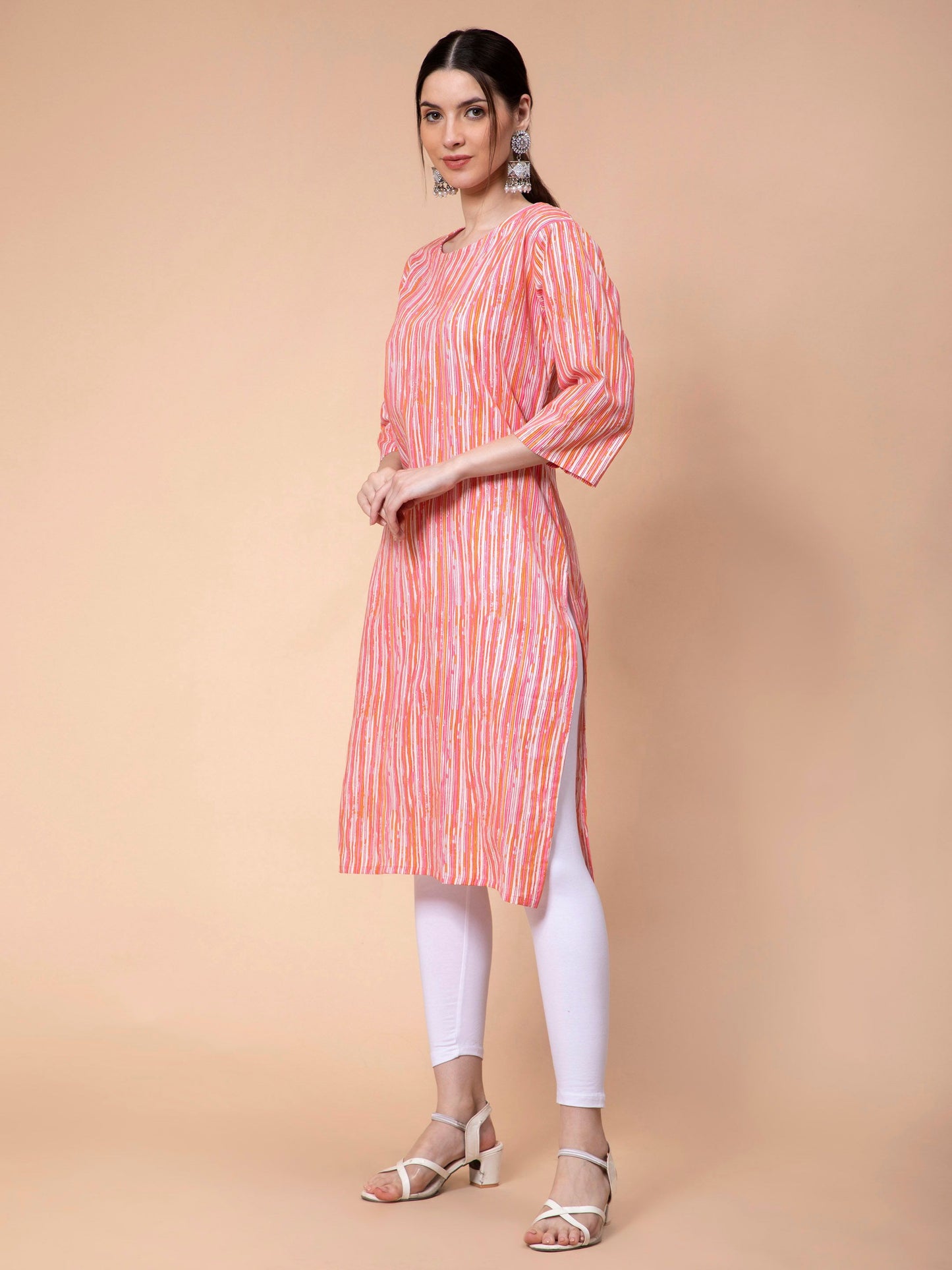 Fabclub Cotton Striped Straight Women Kurti (Peach) - PURE