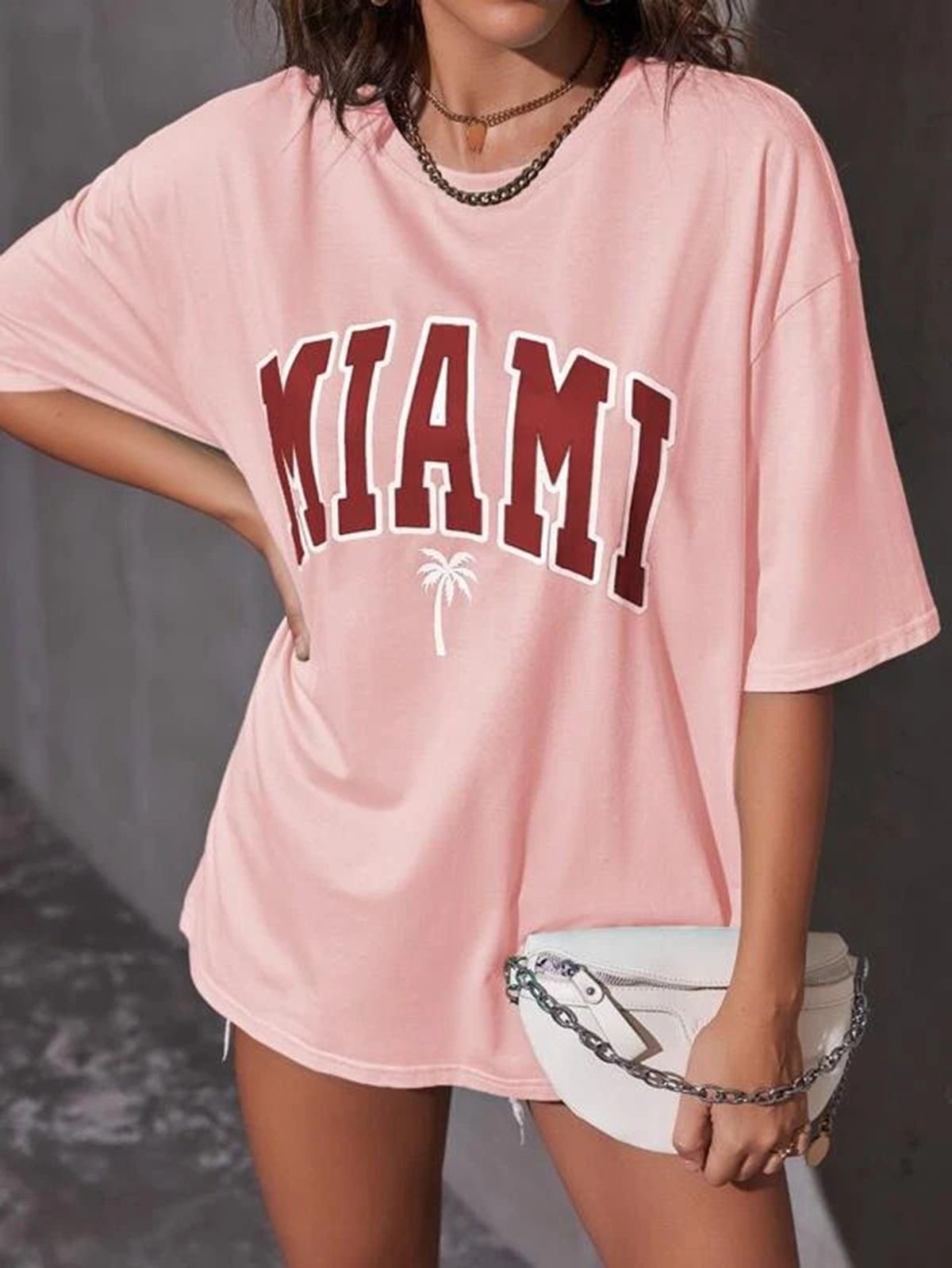 Popster pink Printed Cotton Round Neck oversized Fit Half Sleeve Womens T-Shirt - PURE