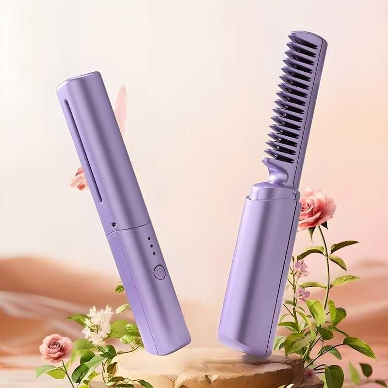 Meneflix Portable Mini Hair Straightener Cordless Rechargeable Mini Adjustable Hair Straightener Hot Comb on floral background.