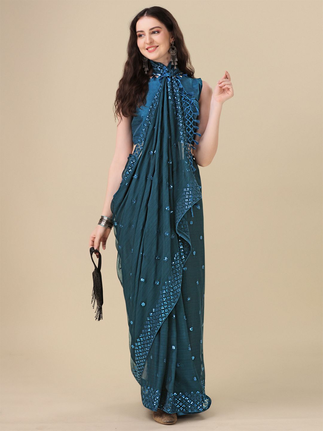 Fancy Sequined Embroidered Teal Blue Coloured Georgette Saree with Blouse Piece - PURE