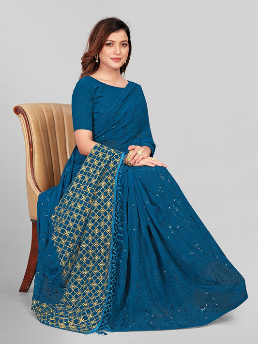 Fancy Sequined Embroidered Teal Blue Coloured Georgette Saree with Blouse Piece - PURE