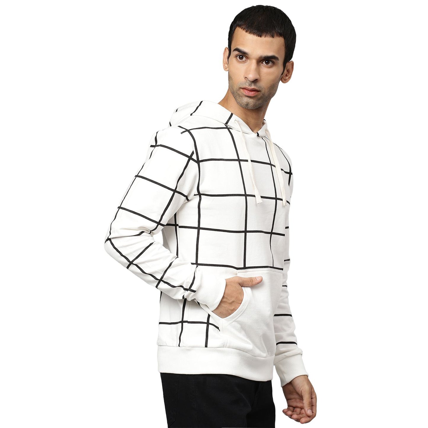 Campus Sutra Cotton Checkered Full Sleeves Regular Fit Hoodie - PURE