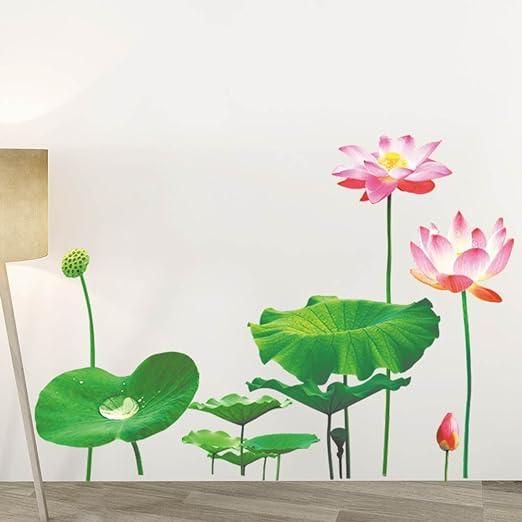 Green Leaves Lotus Flower Wall Decor Sticker - PURE