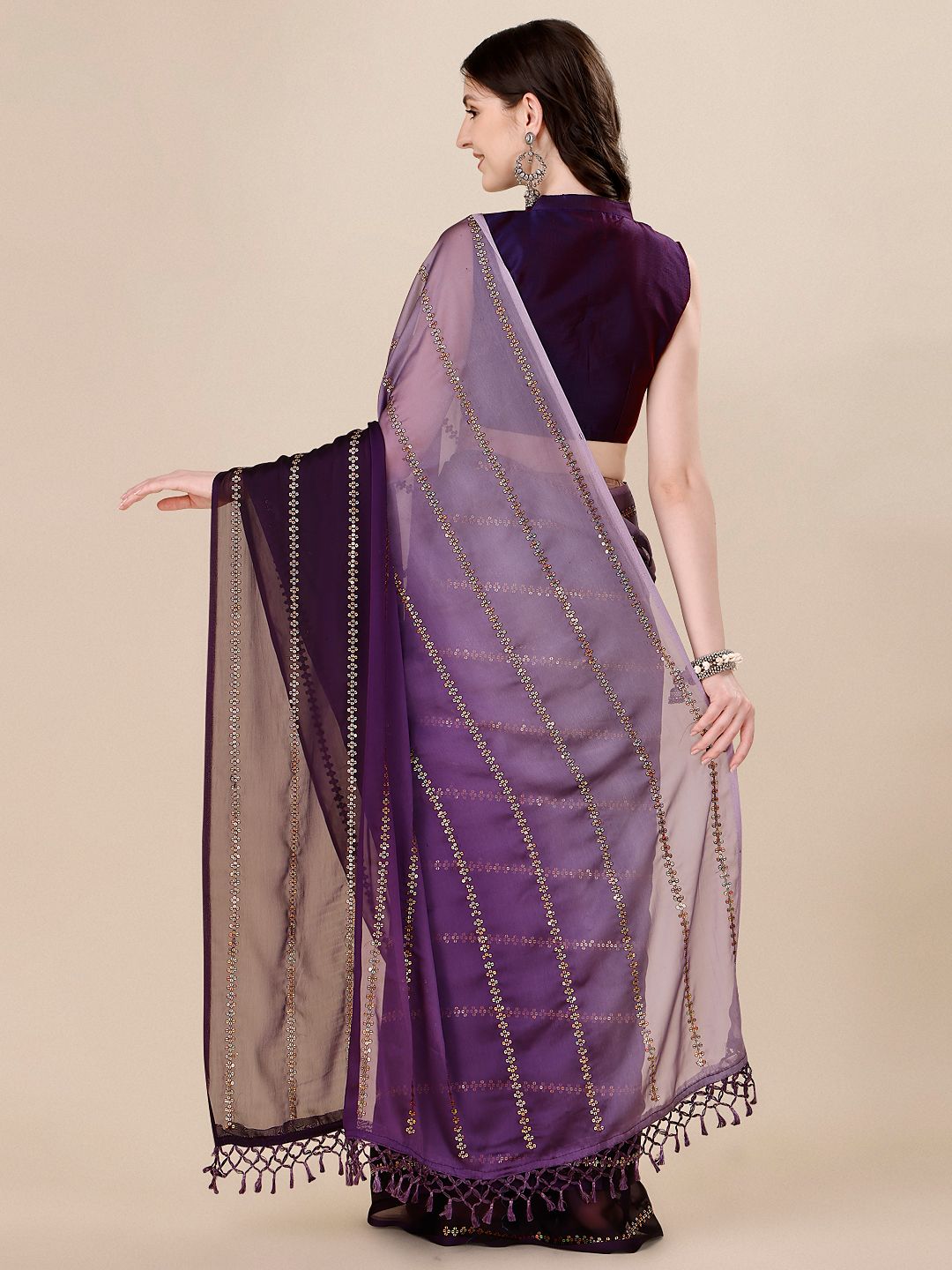 Fancy Sequined Embroidered Purple Coloured Silk Saree with Blouse Piece - PURE