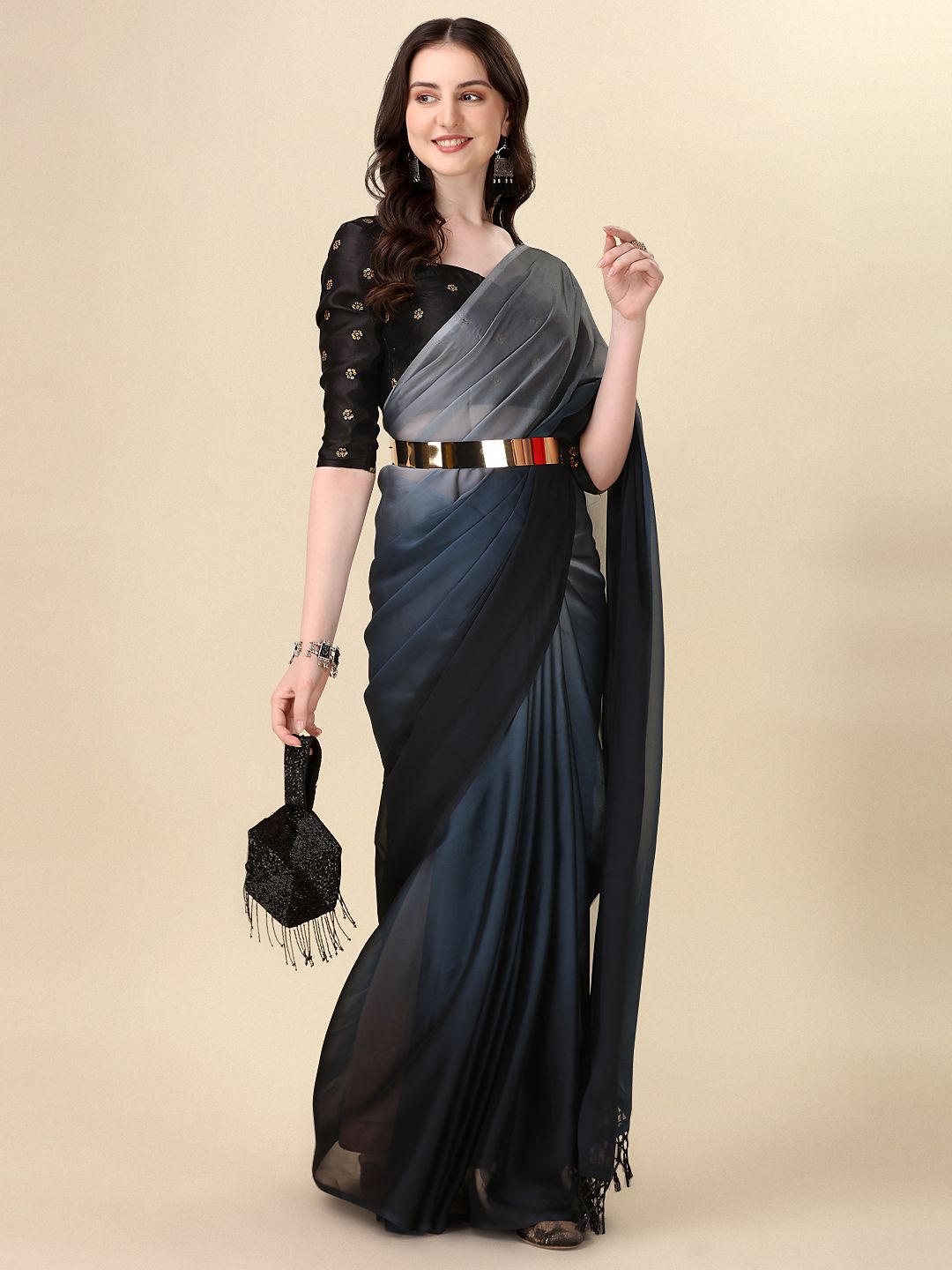 Fancy Embellished Grey Coloured Silk Saree with Blouse Piece - PURE