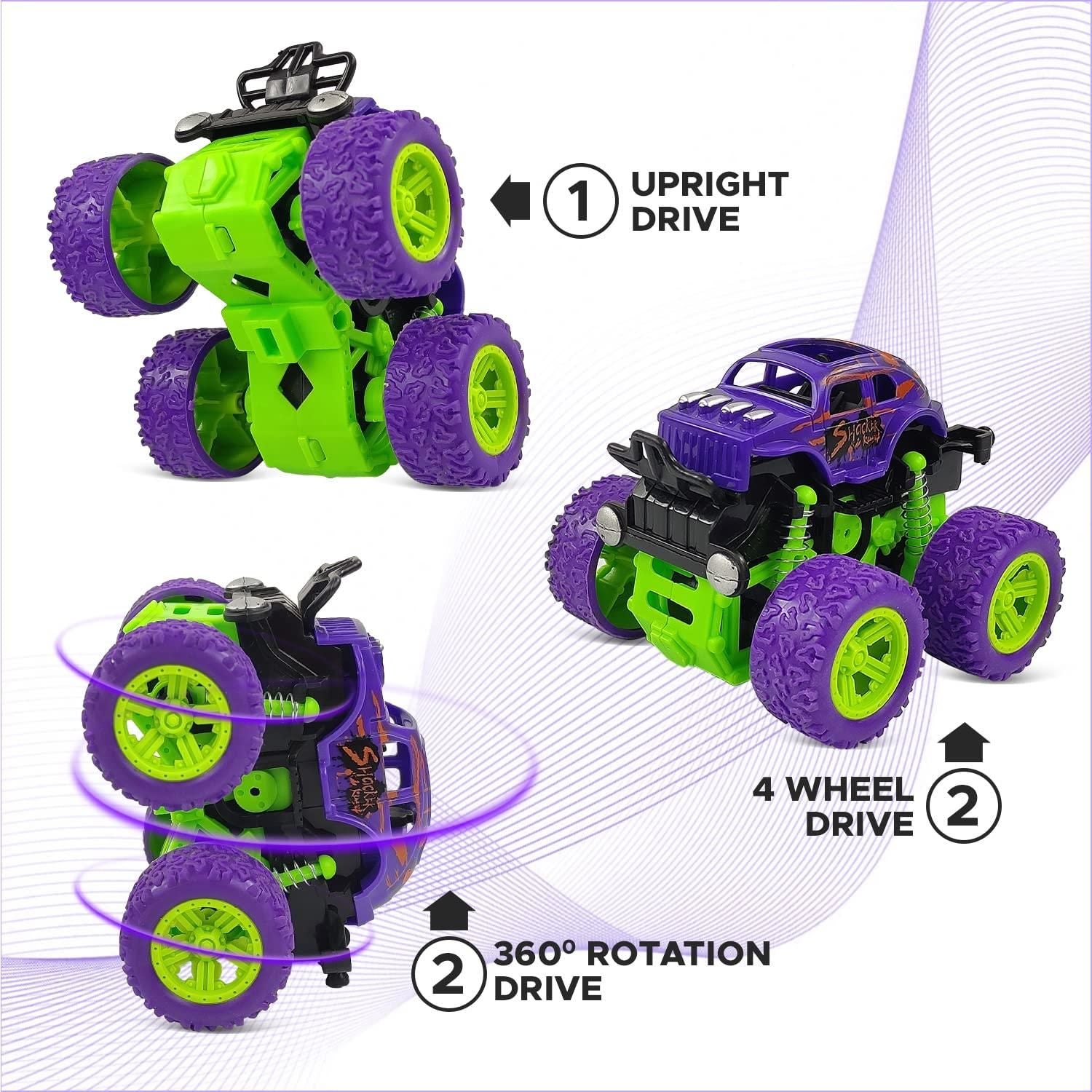 360 Degree Mini Monster Trucks Friction Powered Cars for Kids (Pack Of 2) - PURE