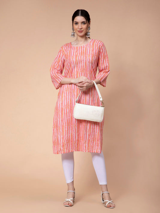 Fabclub Cotton Striped Straight Women Kurti (Peach) - PURE