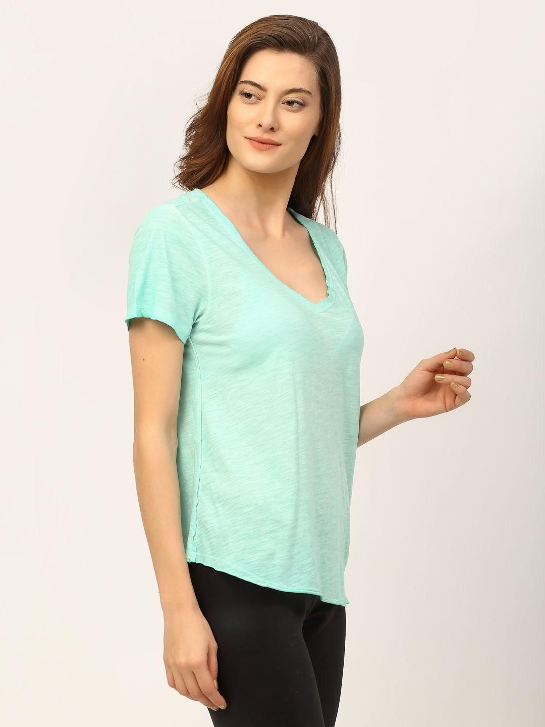 Rigo Women Blue Slub Washed V-Neck Half Sleeve T-Shirt - PURE