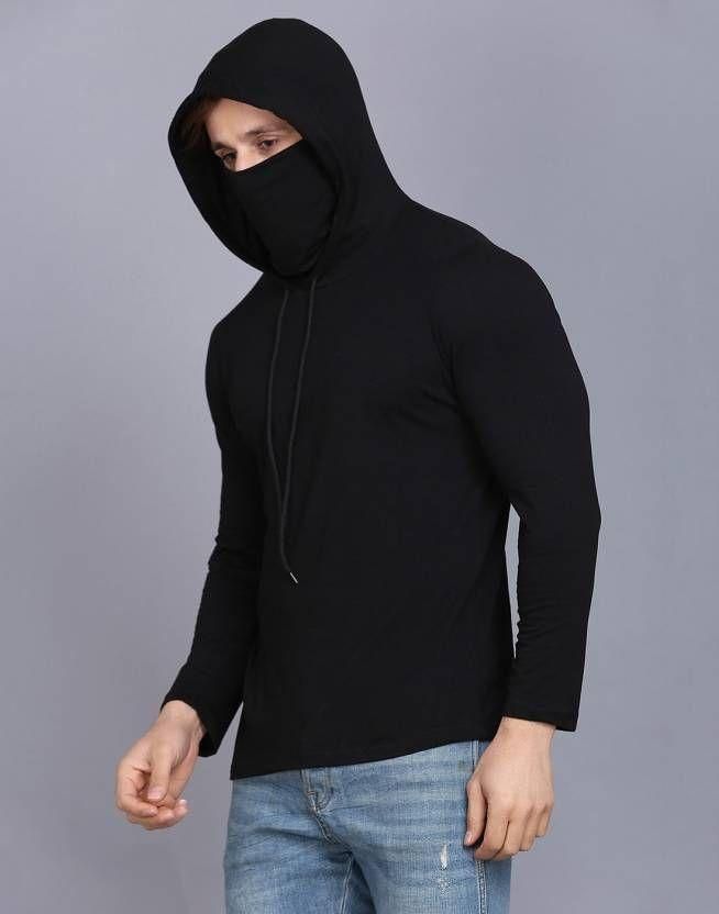 Denzolee Solid Hooded T-Shirt With Mask For Men's - PURE