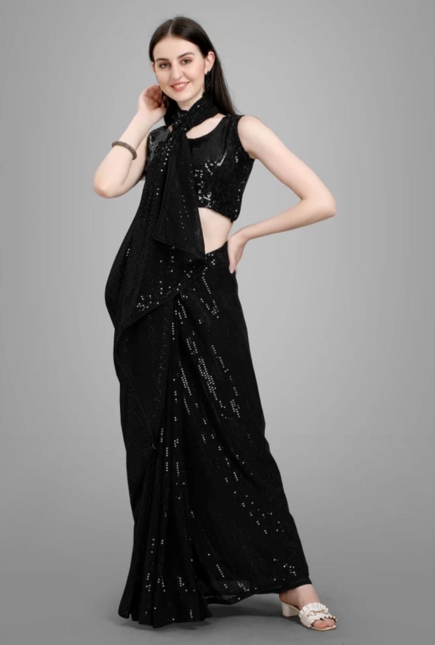 Women's Fashion bollywod designer sequance saree with Blouse Piece (Black) - PURE