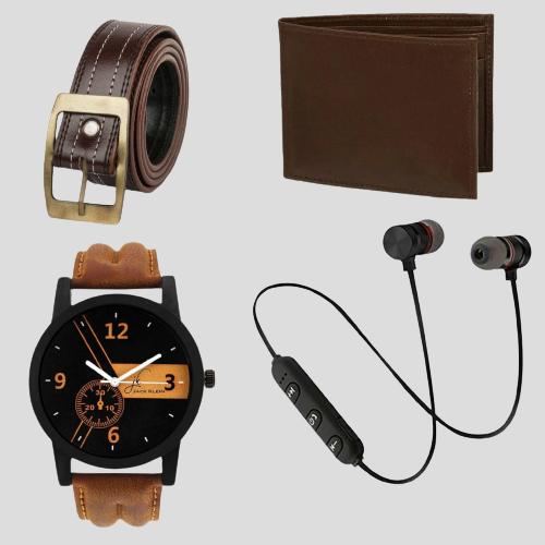 Combo Of Men's Watch , Wallet, Belt And Wireless Bluetooth Earphone with Mic - PURE