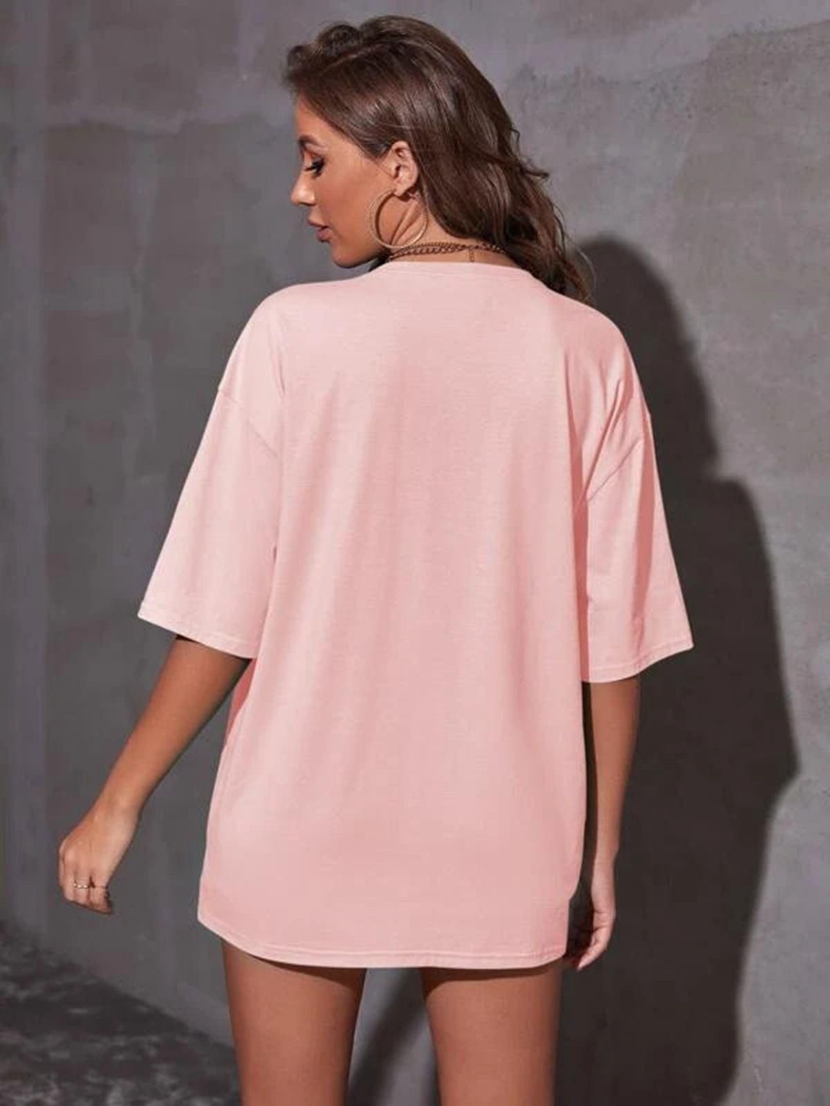 Popster pink Printed Cotton Round Neck oversized Fit Half Sleeve Womens T-Shirt - PURE