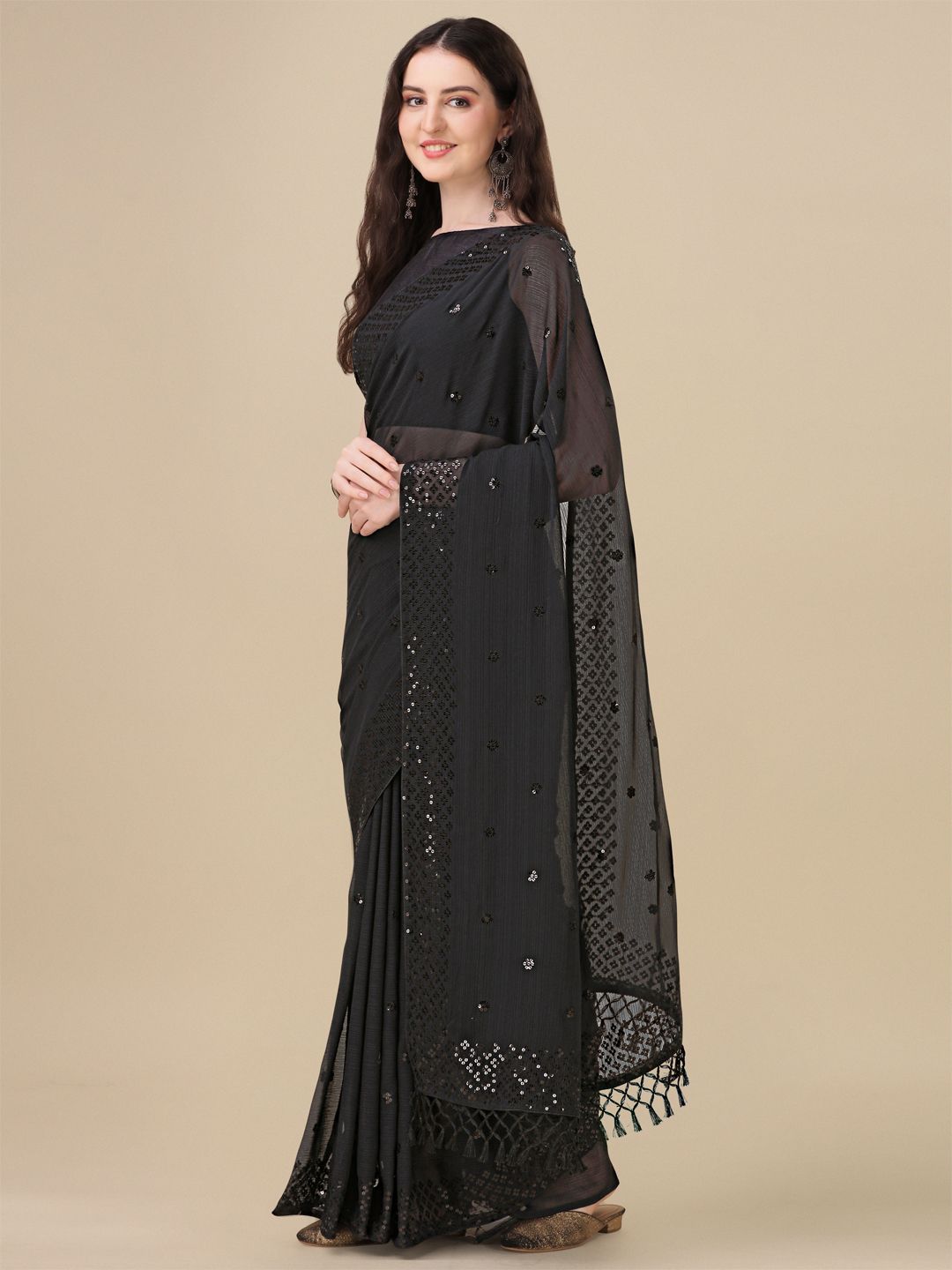 Fancy Sequined Embroidered Black Coloured Georgette Saree with Blouse Piece - PURE