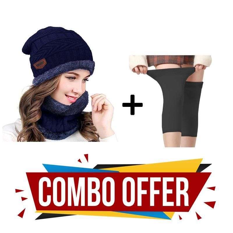 Eastern Club Winter Cap & Neck Scarf with 1 Pair Woolen Knee Cap for Women Combo - PURE
