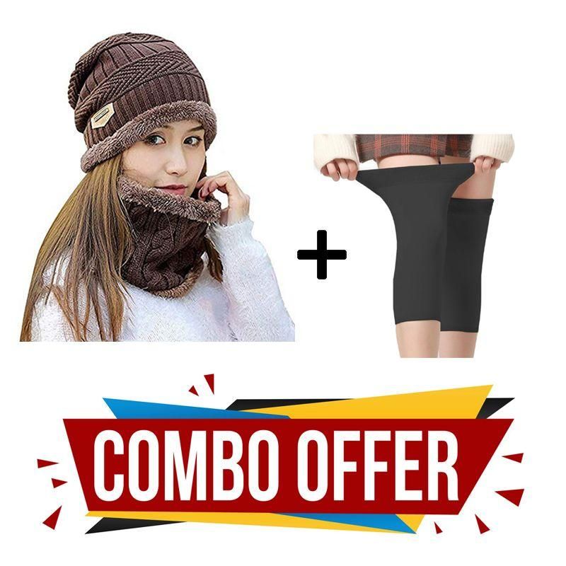 Eastern Club Winter Cap & Neck Scarf with 1 Pair Woolen Knee Cap for Women Combo - PURE