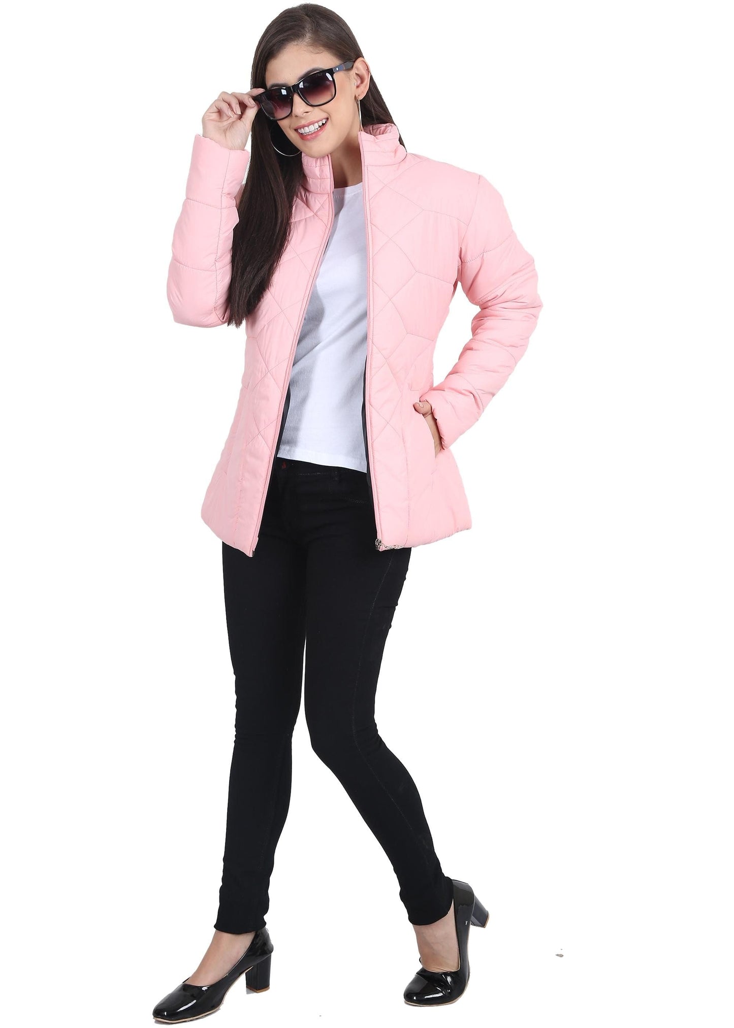 Xohy Women's Pink Winter Wear Full Sleeve Solid Puffer Jacket - PURE