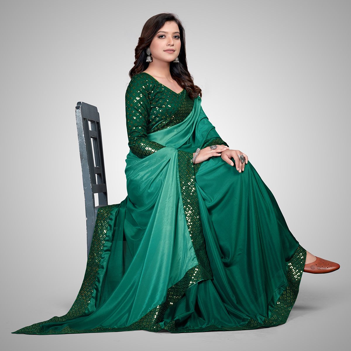 Fancy Embellished Green Coloured Silk Saree with Blouse Piece - PURE