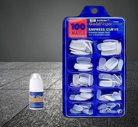 Artificial Curve Tips Fake Nails With 1 Glue Bottle (White) - PURE