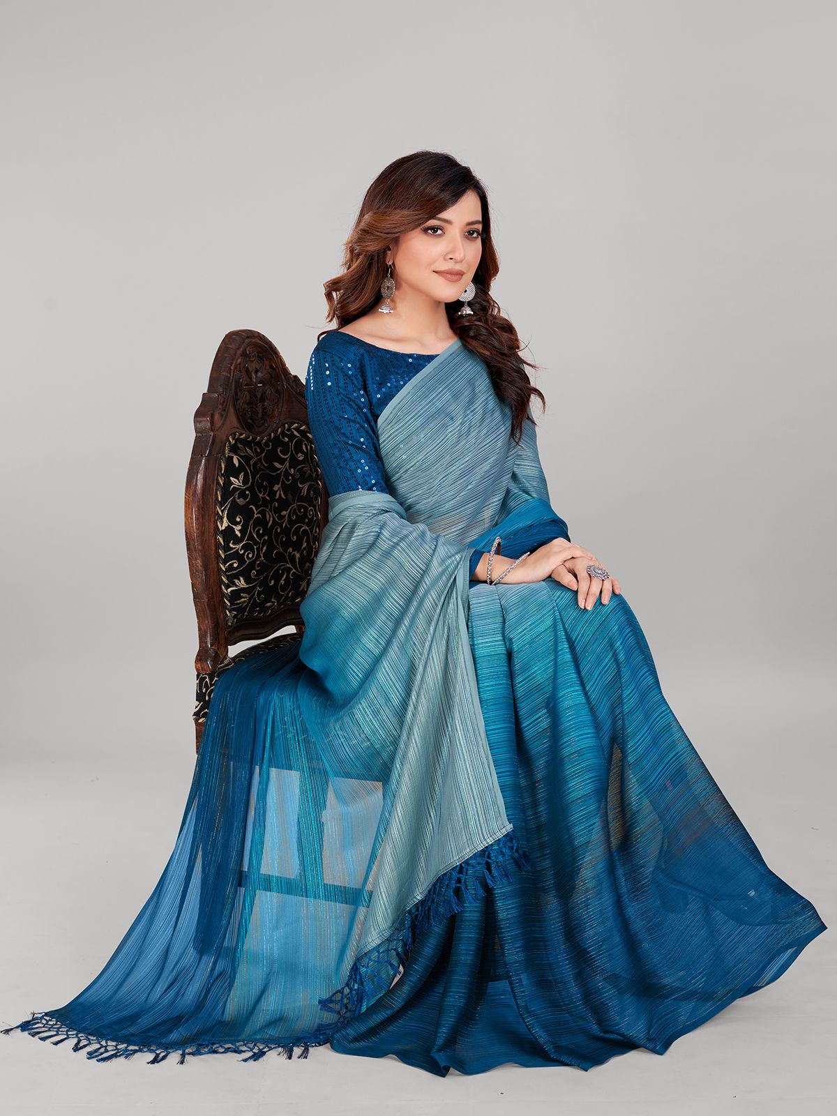 Fancy Embellished Blue Coloured Silk Blend Saree with Blouse Piece - PURE