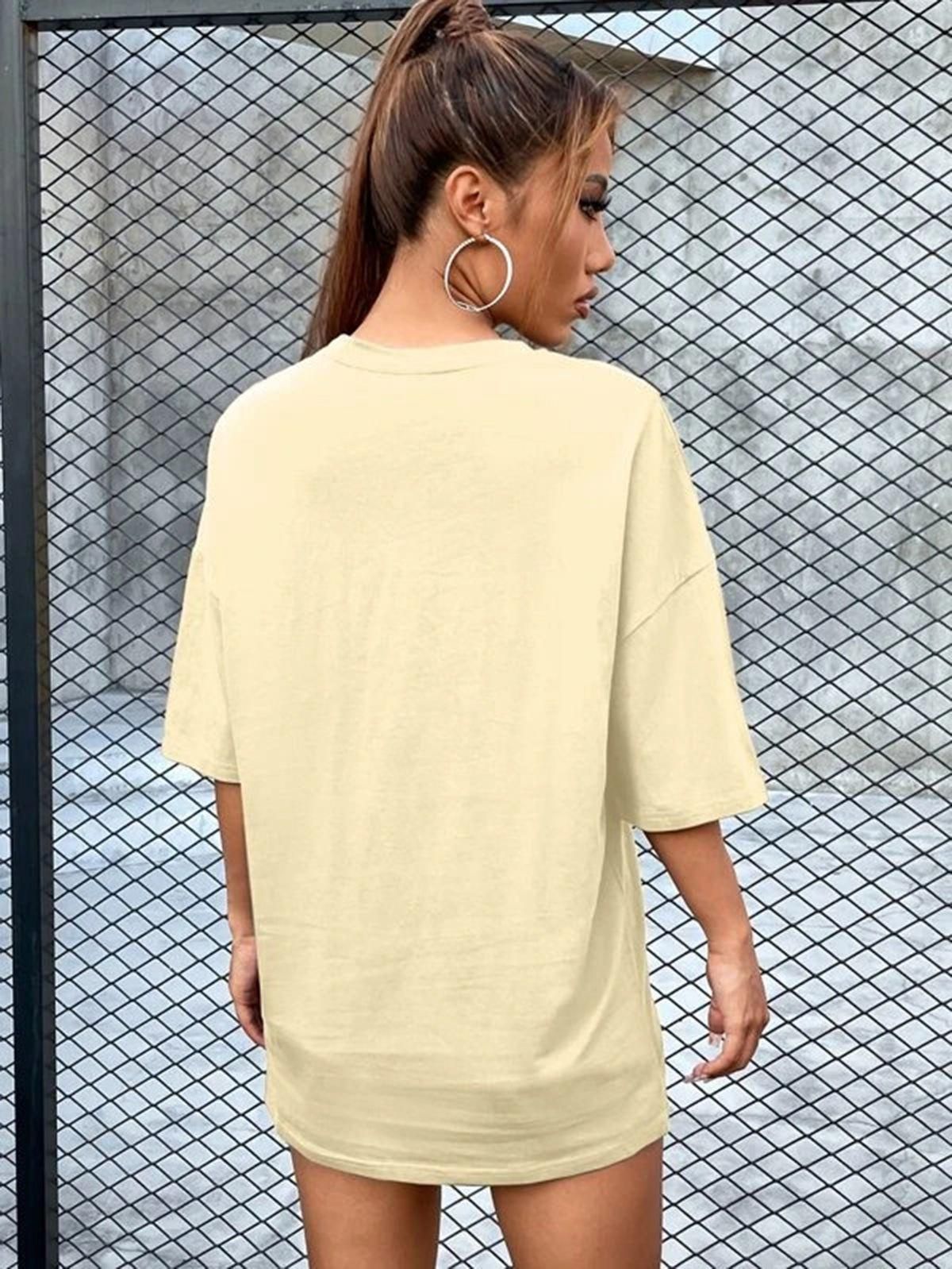 Popster Yellow Printed Cotton Round Neck oversized Fit Half Sleeve Womens T-Shirt - PURE