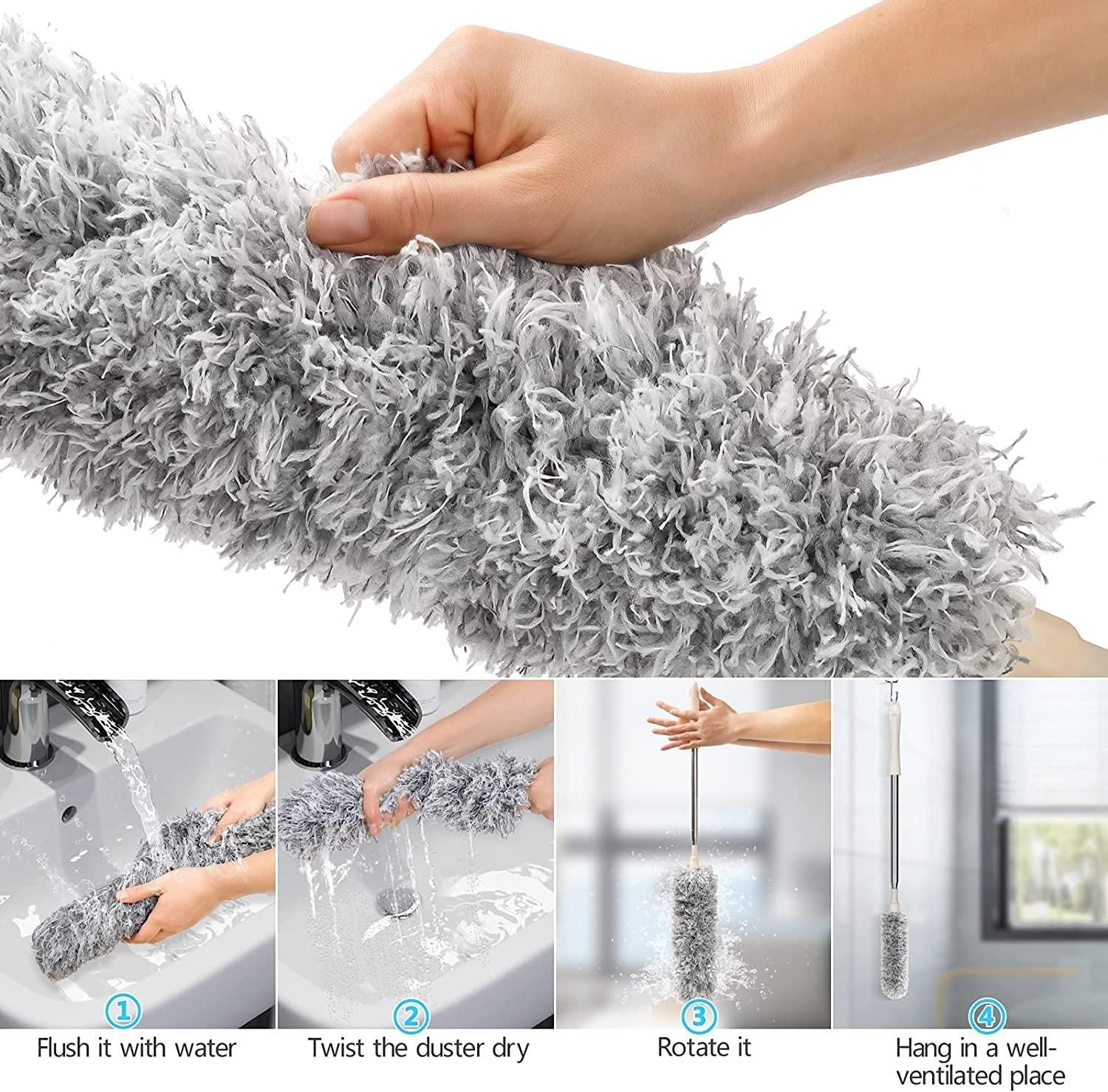 Microfiber Duster for Cleaning Telescopic Extension Long Pole Bendable Head, Scratch-Resistant Cover - PURE