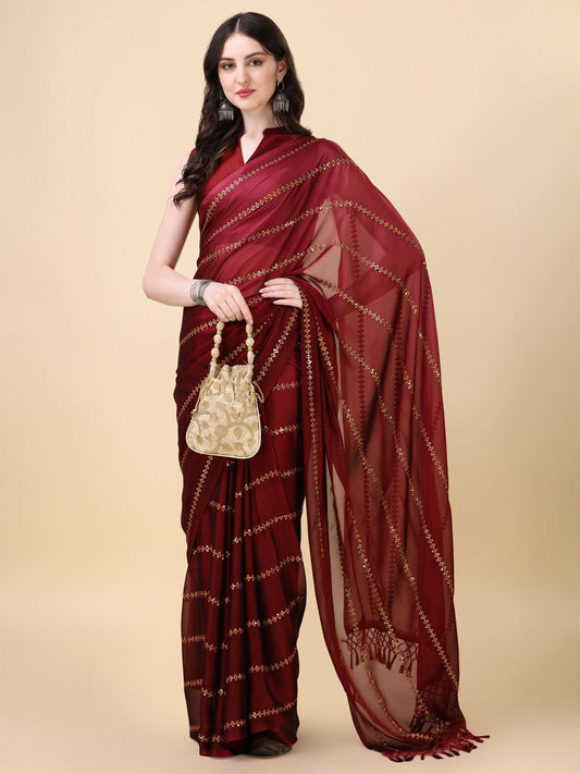 Fancy Sequined Embroidered Red Coloured Silk Saree with Blouse Piece - PURE