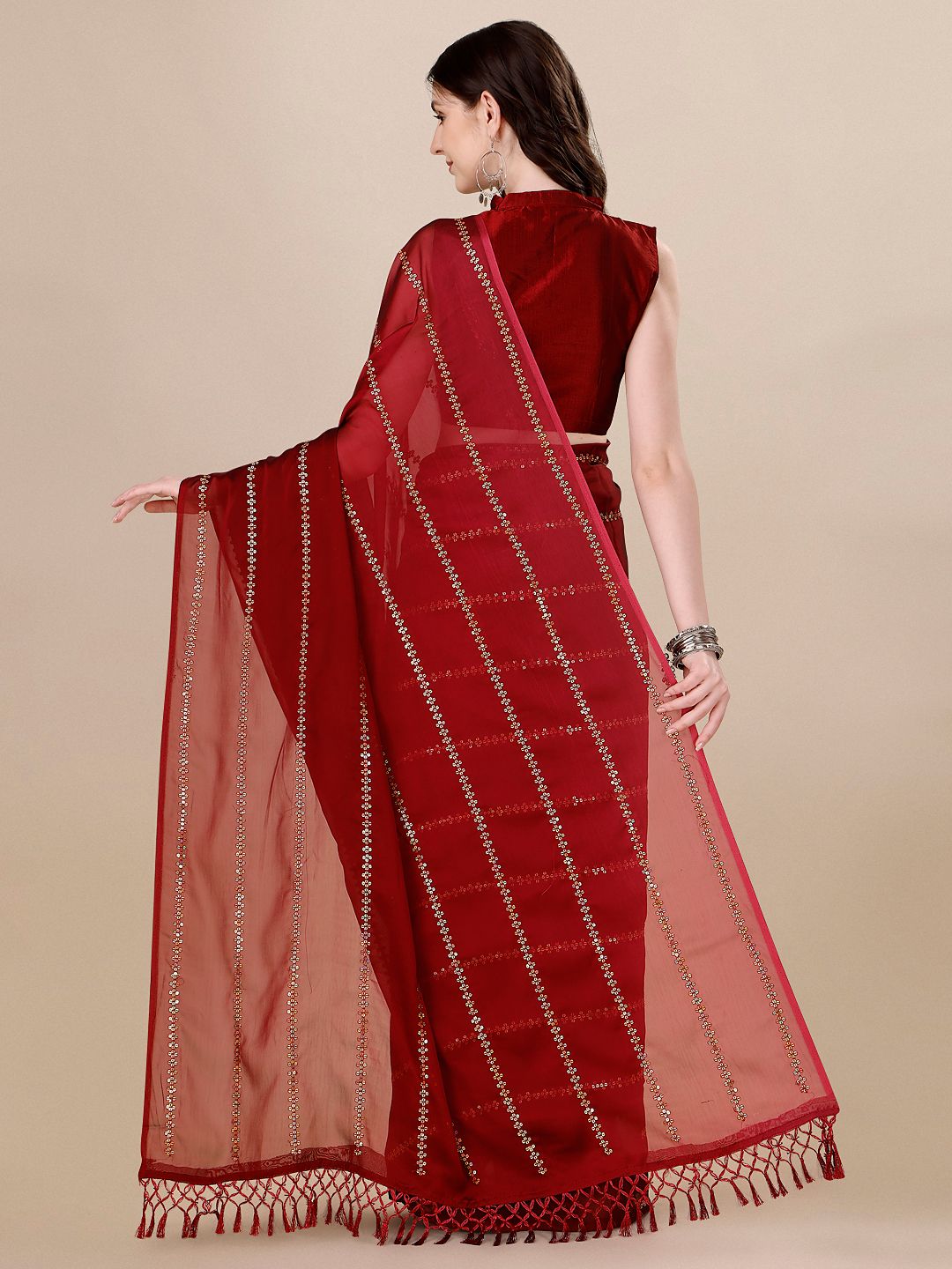 Fancy Sequined Embroidered Red Coloured Silk Saree with Blouse Piece - PURE