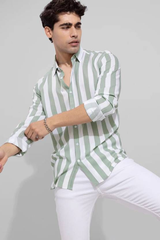 Men Regular Fit Striped Spread Collar Casual Shirt - PURE