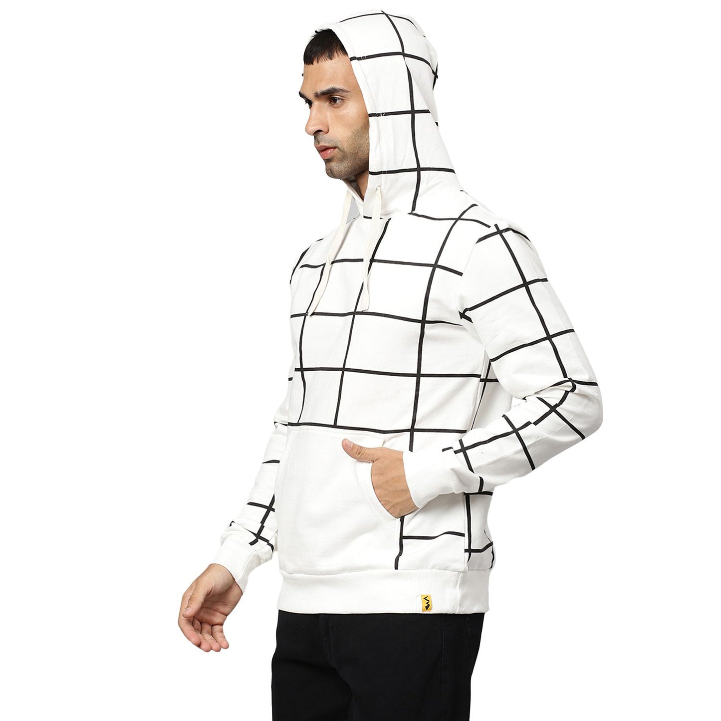 Campus Sutra Cotton Checkered Full Sleeves Regular Fit Hoodie - PURE