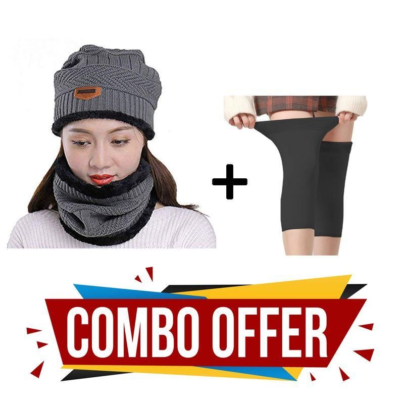 Eastern Club Winter Cap & Neck Scarf with 1 Pair Woolen Knee Cap for Women Combo - PURE