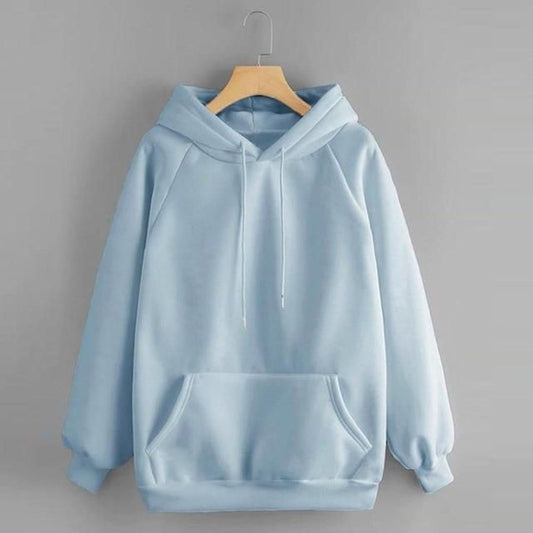 Popster Sky Blue Solid Fleece Hoody Regular Fit Long Sleeve Womens Sweatshirt - PURE