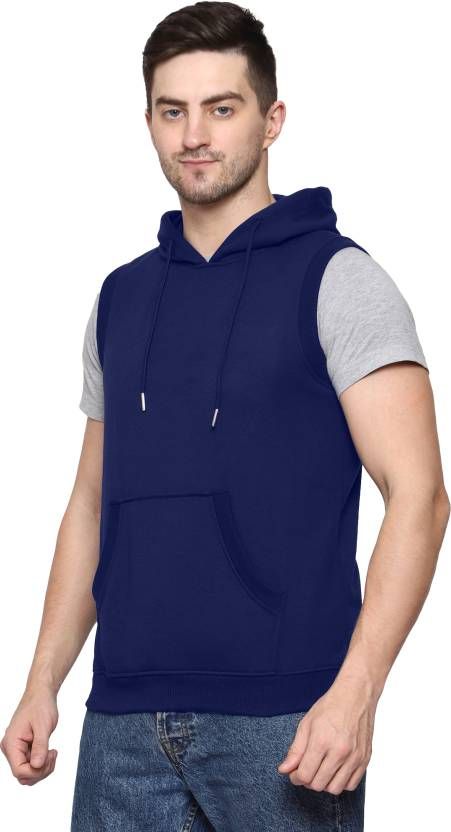 Men Sleeveless Solid Hooded Sweatshirt - PURE