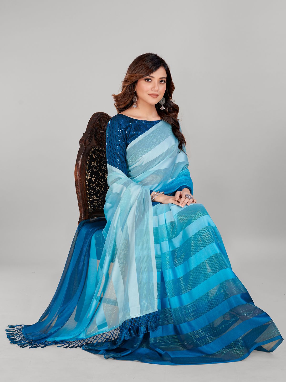 Fancy Embellished Teal Blue and Sky Blue Coloured Silk Blend Saree with Blouse Piece - PURE