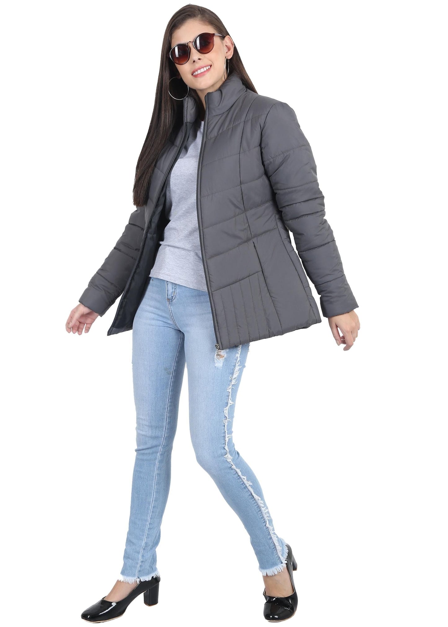 Xohy Women's Grey Winter Wear Full Sleeve Solid Puffer Jacket - PURE