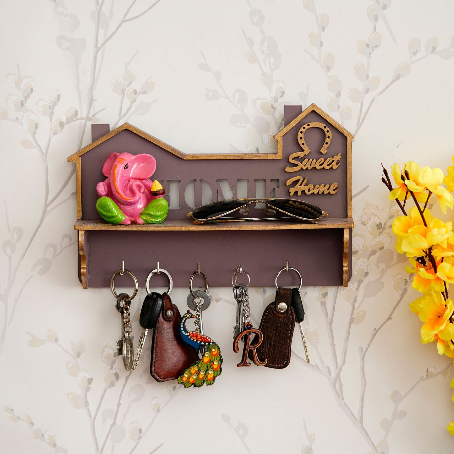 eCraftIndia "Sweet Home" Multiutility 5 Hooks Wooden Keyholder with Shelf - PURE