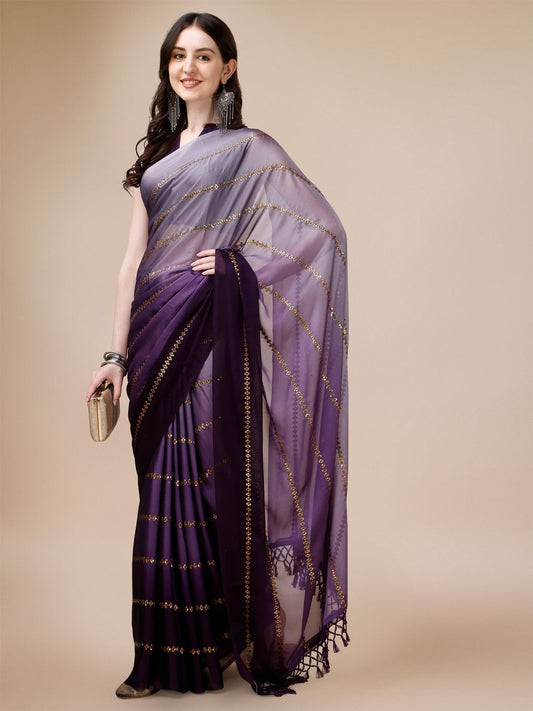 Fancy Sequined Embroidered Purple Coloured Silk Saree with Blouse Piece - PURE