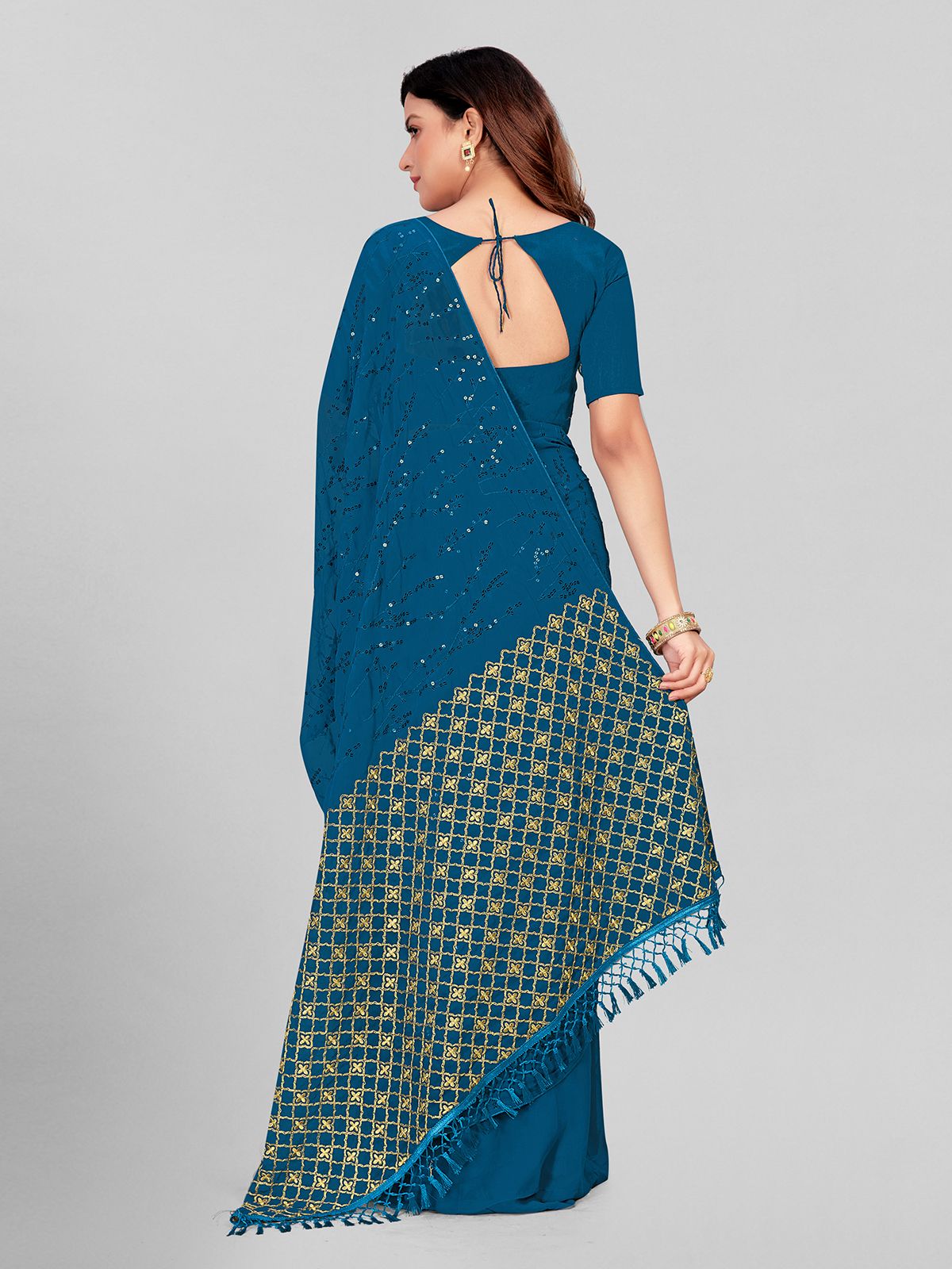 Fancy Sequined Embroidered Teal Blue Coloured Georgette Saree with Blouse Piece - PURE