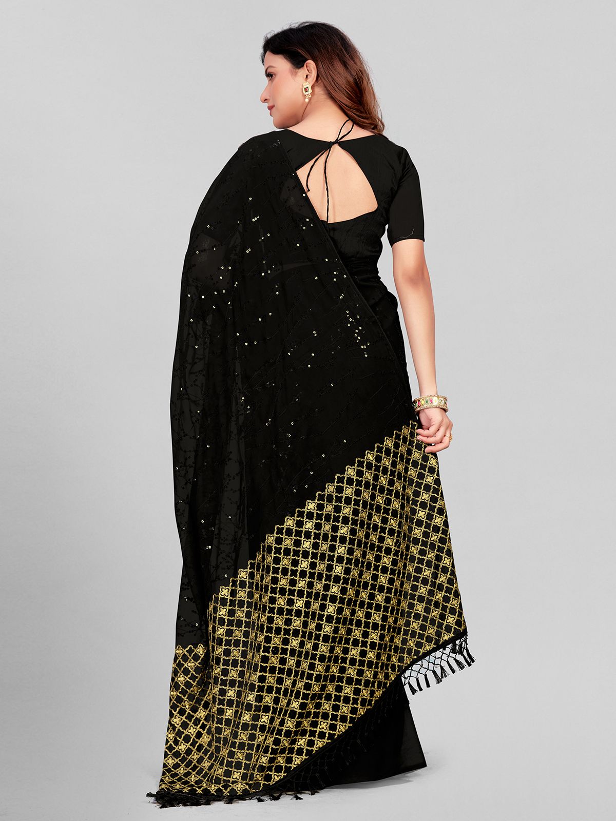 Fancy Sequined Embroidered Black Coloured Georgette Saree with Blouse Piece - PURE