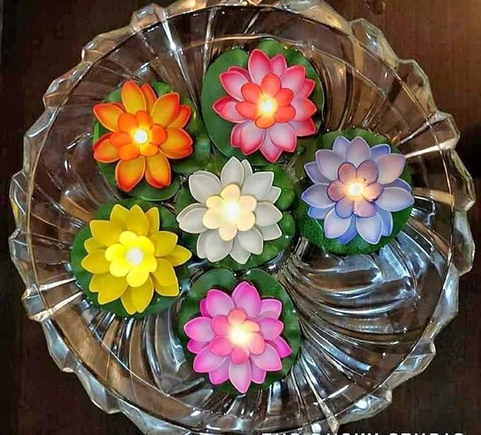 Lotus Flower Floating Diya Set with Water Sensor (Set of 6) - PURE