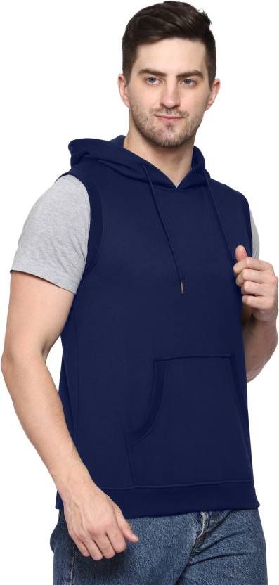 Men Sleeveless Solid Hooded Sweatshirt - PURE