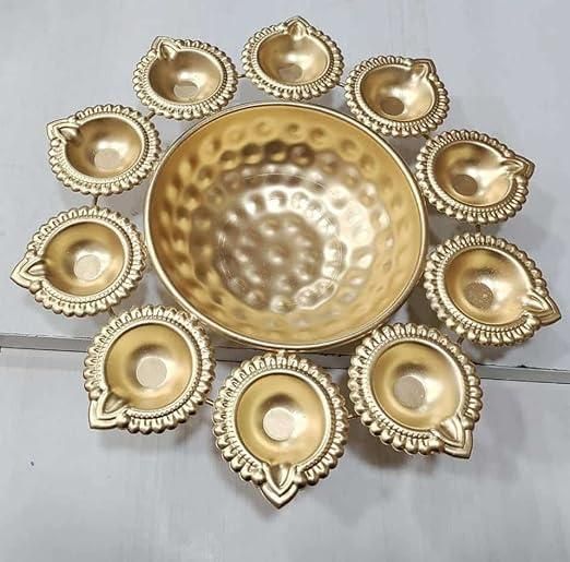 Metal Diya Urli With Flower Shape Tea - Light Holder - PURE