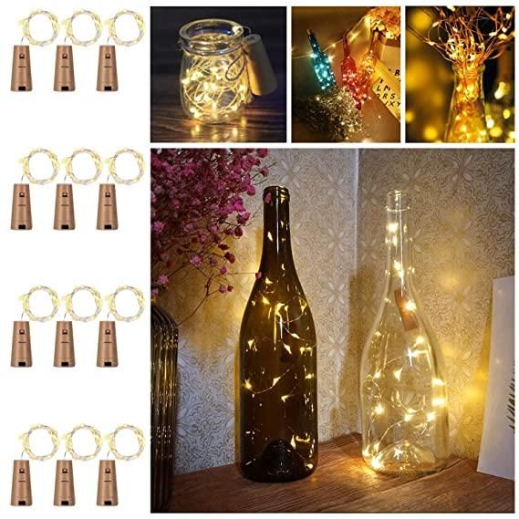 20 Led Wine Bottle Cork Copper Wire String Lights 2M Battery Operated (Warm White Pack Of 12) - PURE