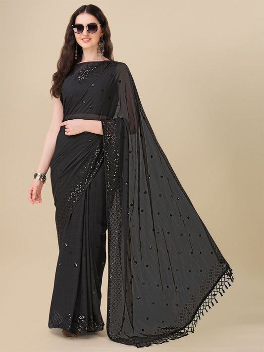 Fancy Sequined Embroidered Black Coloured Georgette Saree with Blouse Piece - PURE