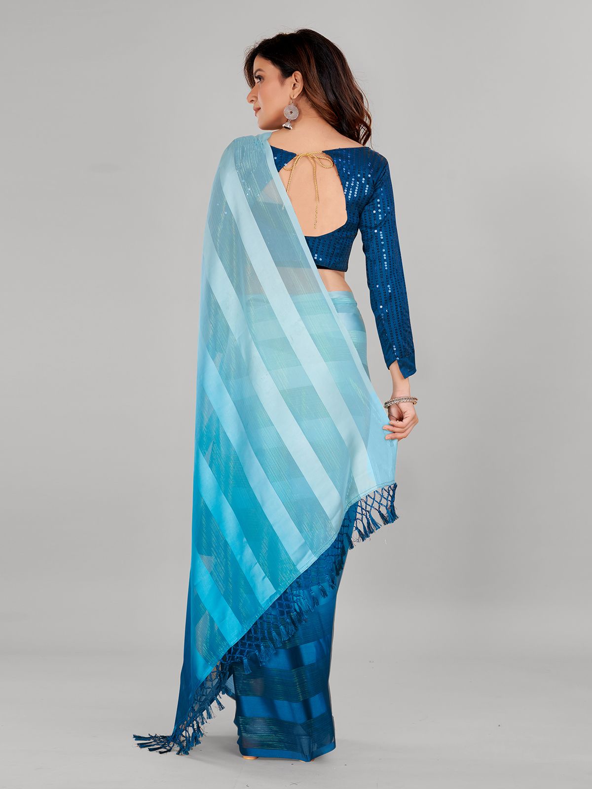 Fancy Embellished Teal Blue and Sky Blue Coloured Silk Blend Saree with Blouse Piece - PURE