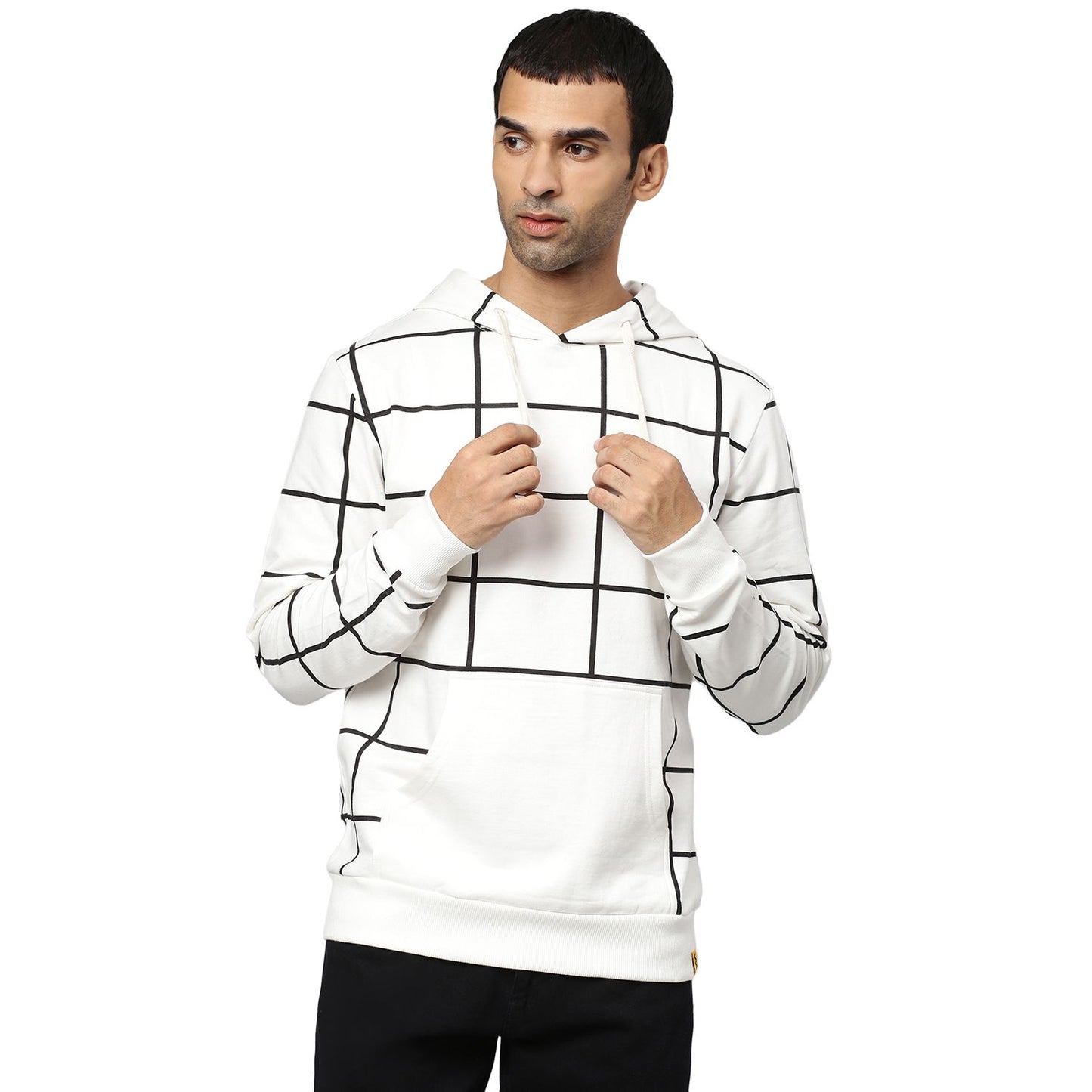 Campus Sutra Cotton Checkered Full Sleeves Regular Fit Hoodie - PURE